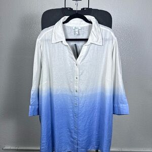 Blue and White Linen Blend Button Down Shirt